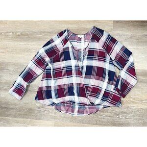 Umgee Sz L Plaid Faux Wrap Blouson Shirt Blouse Top Blue Purple White Womens